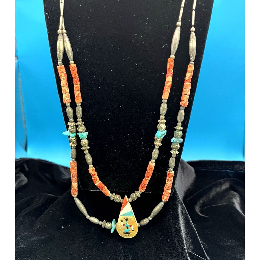 Vintage Southwest Kokopelli Inlay Pendant Necklace Double Strand Coral Turquoise